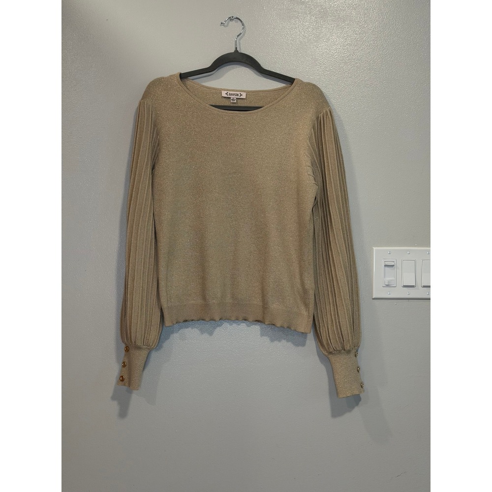 Nanette Lepore Gold Metallic Pleated Balloon Sleeve Knit Sweater XL Champagne